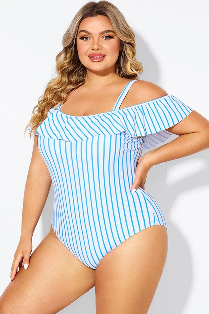 Blue & White Striped Off The Shoulder One Piece Swimsuit 6 Blue & White Striped Off The Shoulder One Piece Swimsuit - Image 6