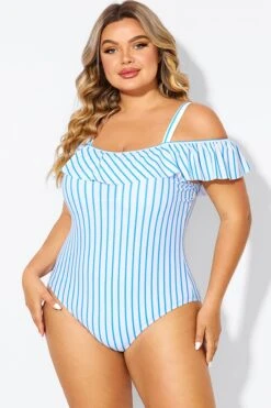 Blue & White Striped Off The Shoulder One Piece Swimsuit 10 Blue & White Striped Off The Shoulder One Piece Swimsuit -Bikini By Muse b deop263002 5