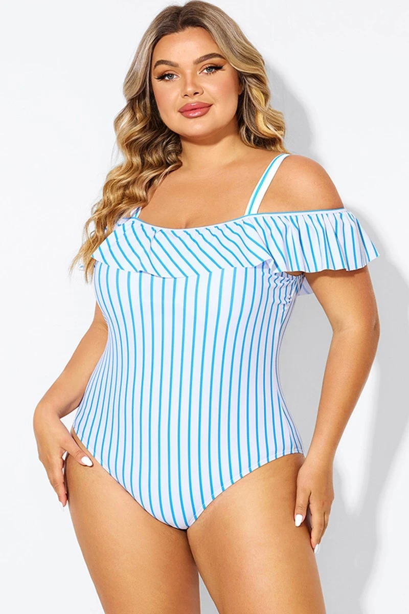 Blue & White Striped Off The Shoulder One Piece Swimsuit 5 Blue & White Striped Off The Shoulder One Piece Swimsuit - Image 5
