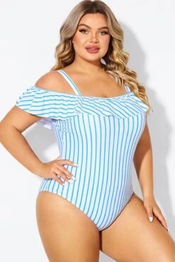 Blue & White Striped Off The Shoulder One Piece Swimsuit 9 Blue & White Striped Off The Shoulder One Piece Swimsuit -Bikini By Muse b deop263002 6