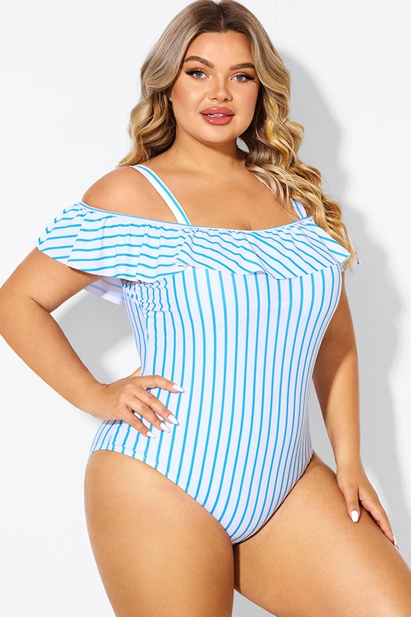 Blue & White Striped Off The Shoulder One Piece Swimsuit 4 Blue & White Striped Off The Shoulder One Piece Swimsuit - Image 4
