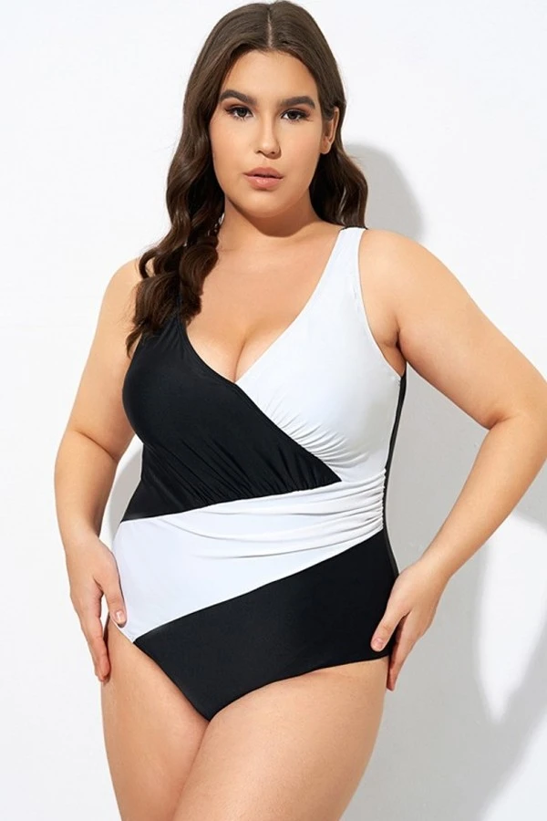 Black And White Plunge V-neckline One Piece Swimsuit 1 Black And White Plunge V-neckline One Piece Swimsuit