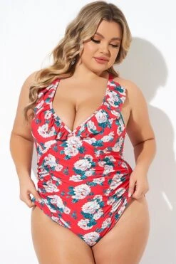 Coral Floral Wireless Ruffle One Piece Swimsuit 10 Coral Floral Wireless Ruffle One Piece Swimsuit -Bikini By Muse b deop269001 4