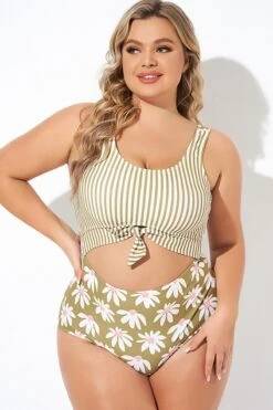 Cactus Stripe Daisy Knotted One Piece Swimsuit -Bikini By Muse b deop271001 4