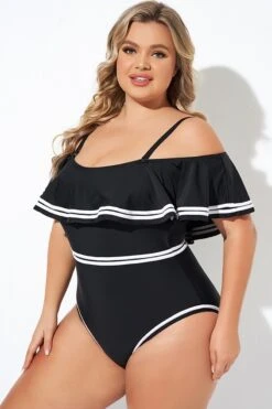Black And White Off Shoulder Ruffles One Piece Swimsuit -Bikini By Muse b deop272001 1 1