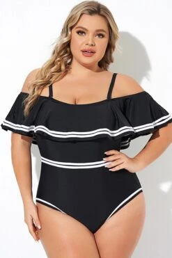 Black And White Off Shoulder Ruffles One Piece Swimsuit -Bikini By Muse b deop272001 3