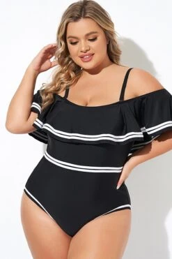 Black And White Off Shoulder Ruffles One Piece Swimsuit -Bikini By Muse b deop272001 5