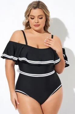 Black And White Off Shoulder Ruffles One Piece Swimsuit -Bikini By Muse b deop272001 6