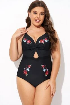 Black Flower Adjustable Straps Cut Out Front One Piece Swimsuit -Bikini By Muse b deop275001 3