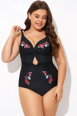 Black Flower Adjustable Straps Cut Out Front One Piece Swimsuit -Bikini By Muse b deop275001 4