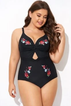 Black Flower Adjustable Straps Cut Out Front One Piece Swimsuit -Bikini By Muse b deop275001 5