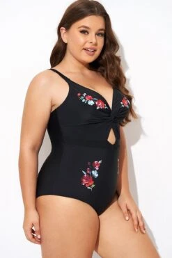 Black Flower Adjustable Straps Cut Out Front One Piece Swimsuit -Bikini By Muse b deop275001 6