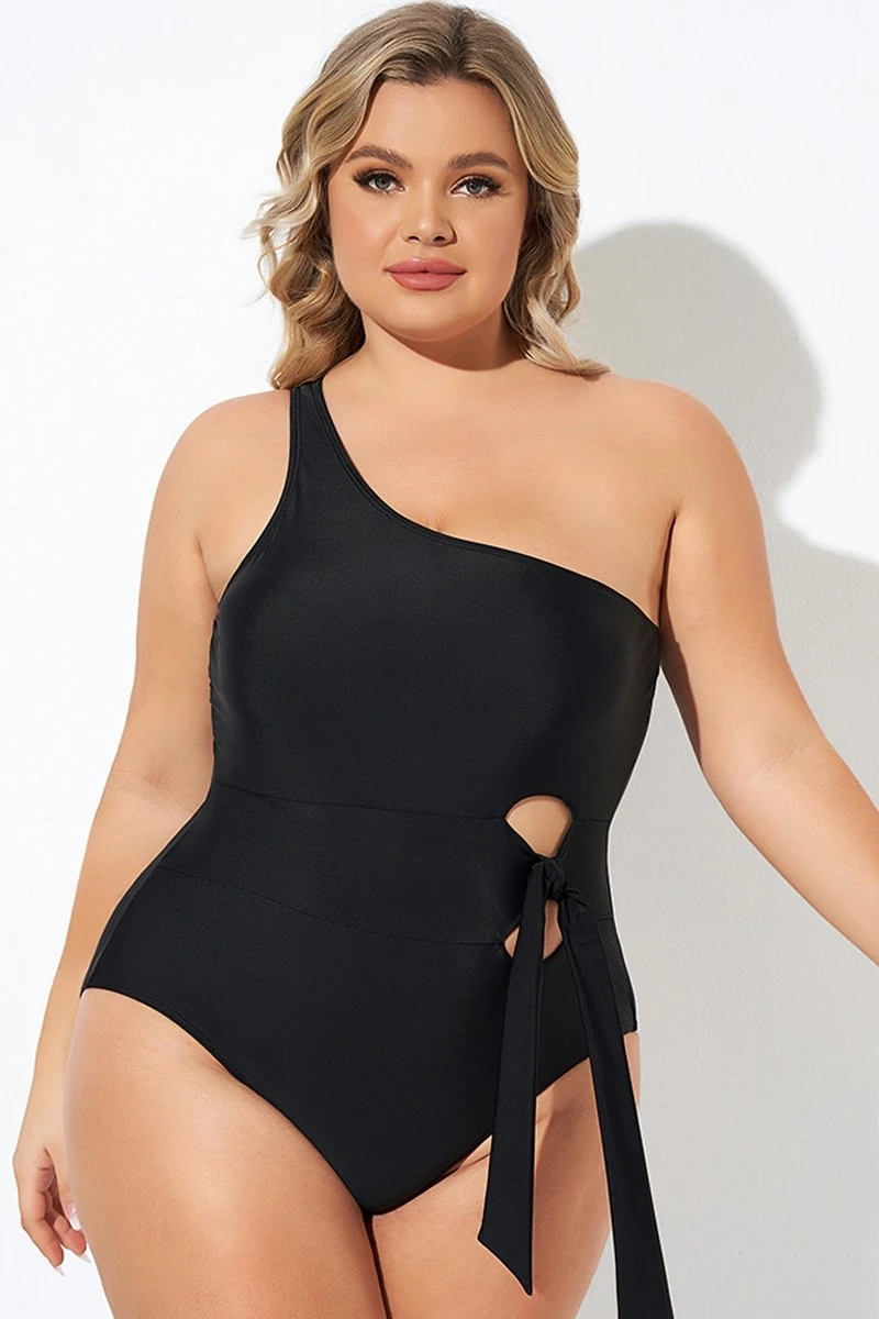 Black One Shoulder Tie One Piece Swimsuit 1 Black One Shoulder Tie One Piece Swimsuit