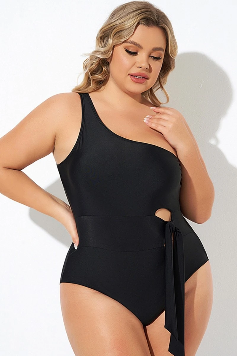 Black One Shoulder Tie One Piece Swimsuit 4 Black One Shoulder Tie One Piece Swimsuit - Image 4