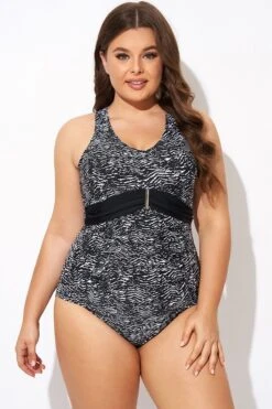Black & White Zebra Print Ruched Front One Piece Swimsuit -Bikini By Muse b deop278001 3