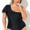 Black Flutter Sleeve One Shoulder One Piece Swimsuit