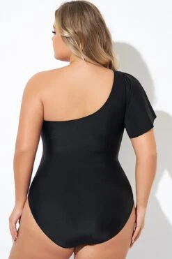 Black Flutter Sleeve One Shoulder One Piece Swimsuit -Bikini By Muse b deop283001 2
