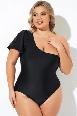 Black Flutter Sleeve One Shoulder One Piece Swimsuit -Bikini By Muse b deop283001 4