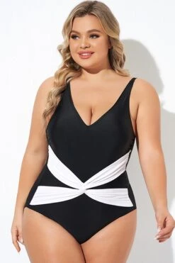 Black And White Twist Front One Piece Swimsuit 8 Black And White Twist Front One Piece Swimsuit -Bikini By Muse b deop285001 3
