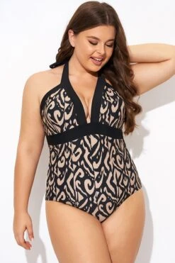 Deep V Neck Pattern Halterneck One Piece Swimsuit -Bikini By Muse b deop287001 4