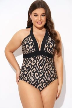 Deep V Neck Pattern Halterneck One Piece Swimsuit -Bikini By Muse b deop287001 5