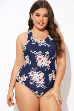 Flower Stripes Scoop Neck Cross Back One Piece Swimsuit -Bikini By Muse b deop288001 4