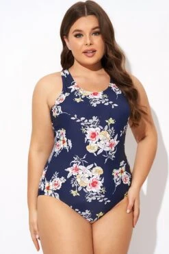 Flower Stripes Scoop Neck Cross Back One Piece Swimsuit -Bikini By Muse b deop288001 5