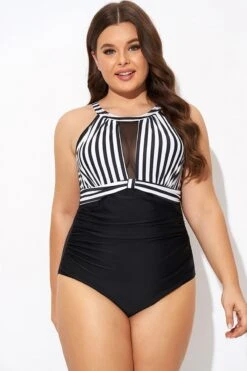 Stripe High Neck Mesh Ruched One Piece Swimsuit -Bikini By Muse b deop295001 1