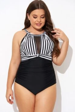 Stripe High Neck Mesh Ruched One Piece Swimsuit -Bikini By Muse b deop295001 3