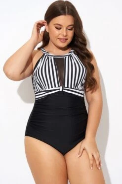 Stripe High Neck Mesh Ruched One Piece Swimsuit -Bikini By Muse b deop295001 4