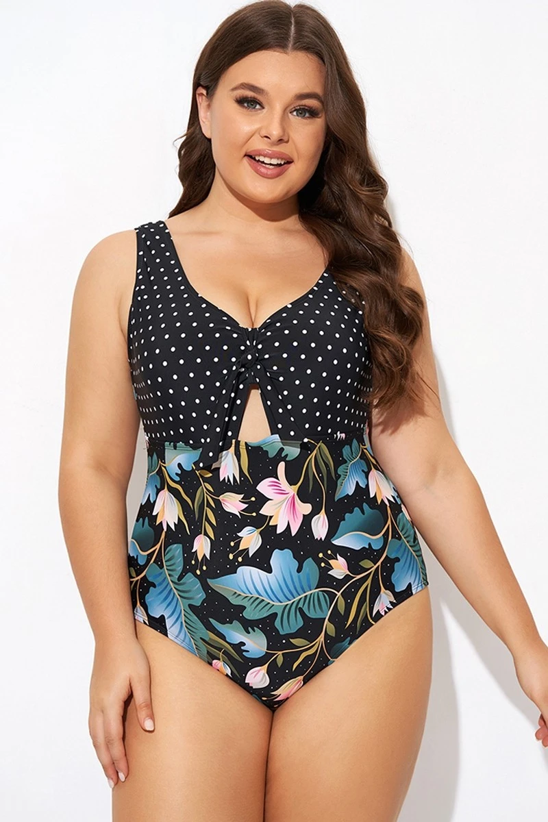 Crewneck Flower Print Polka Dots Knot One Piece Swimsuit 1 Crewneck Flower Print Polka Dots Knot One Piece Swimsuit