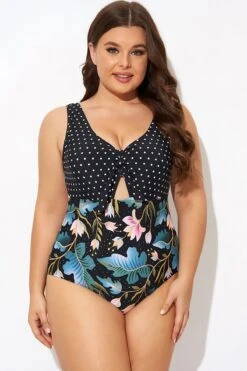 Crewneck Flower Print Polka Dots Knot One Piece Swimsuit 8 Crewneck Flower Print Polka Dots Knot One Piece Swimsuit -Bikini By Muse b deop297001 3