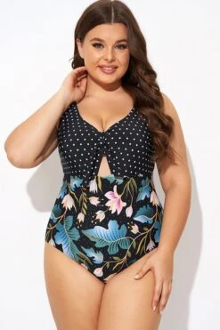 Crewneck Flower Print Polka Dots Knot One Piece Swimsuit 9 Crewneck Flower Print Polka Dots Knot One Piece Swimsuit -Bikini By Muse b deop297001 4