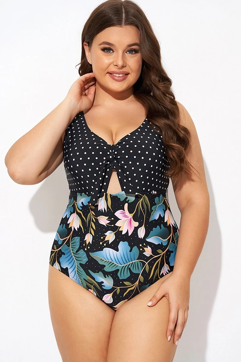 Crewneck Flower Print Polka Dots Knot One Piece Swimsuit 4 Crewneck Flower Print Polka Dots Knot One Piece Swimsuit - Image 4