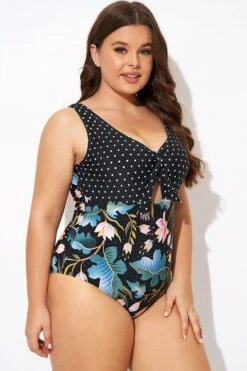 Crewneck Flower Print Polka Dots Knot One Piece Swimsuit 11 Crewneck Flower Print Polka Dots Knot One Piece Swimsuit -Bikini By Muse b deop297001 6