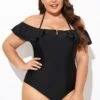 Black Flounce Off The Shoulder Ruffle One Piece Swimsuit