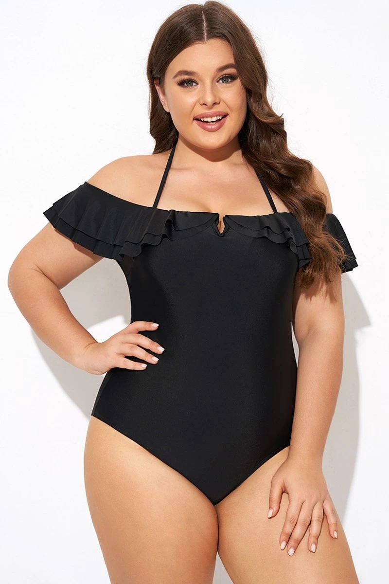 Black Flounce Off The Shoulder Ruffle One Piece Swimsuit 1 Black Flounce Off The Shoulder Ruffle One Piece Swimsuit