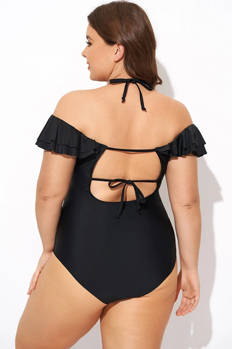 Black Flounce Off The Shoulder Ruffle One Piece Swimsuit 2 Black Flounce Off The Shoulder Ruffle One Piece Swimsuit - Image 2