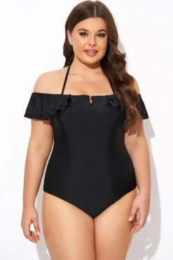 Black Flounce Off The Shoulder Ruffle One Piece Swimsuit 8 Black Flounce Off The Shoulder Ruffle One Piece Swimsuit -Bikini By Muse b deop298001 3