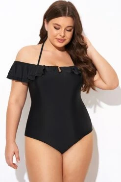 Black Flounce Off The Shoulder Ruffle One Piece Swimsuit 9 Black Flounce Off The Shoulder Ruffle One Piece Swimsuit -Bikini By Muse b deop298001 4