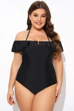 Black Flounce Off The Shoulder Ruffle One Piece Swimsuit 10 Black Flounce Off The Shoulder Ruffle One Piece Swimsuit -Bikini By Muse b deop298001 5