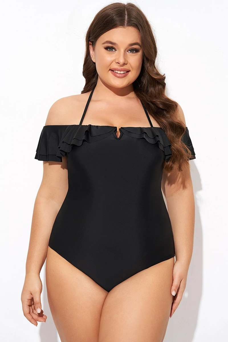 Black Flounce Off The Shoulder Ruffle One Piece Swimsuit 5 Black Flounce Off The Shoulder Ruffle One Piece Swimsuit - Image 5