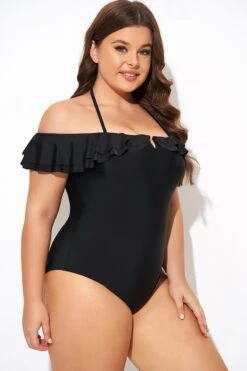 Black Flounce Off The Shoulder Ruffle One Piece Swimsuit 11 Black Flounce Off The Shoulder Ruffle One Piece Swimsuit -Bikini By Muse b deop298001 6