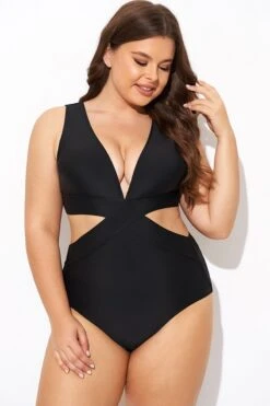 Black Cut Out Plunge Back Hook One Piece Swimsuit -Bikini By Muse b deop299001 3