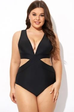 Black Cut Out Plunge Back Hook One Piece Swimsuit -Bikini By Muse b deop299001 4