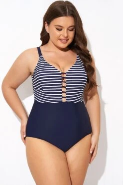 Stripe Plunge Deep V Neck One Piece Swimsuit -Bikini By Muse b deop300001 3