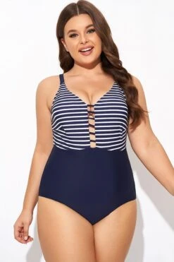 Stripe Plunge Deep V Neck One Piece Swimsuit -Bikini By Muse b deop300001 4