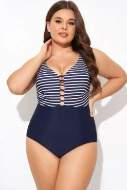 Stripe Plunge Deep V Neck One Piece Swimsuit -Bikini By Muse b deop300001 5