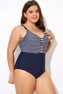 Stripe Plunge Deep V Neck One Piece Swimsuit -Bikini By Muse b deop300001 6