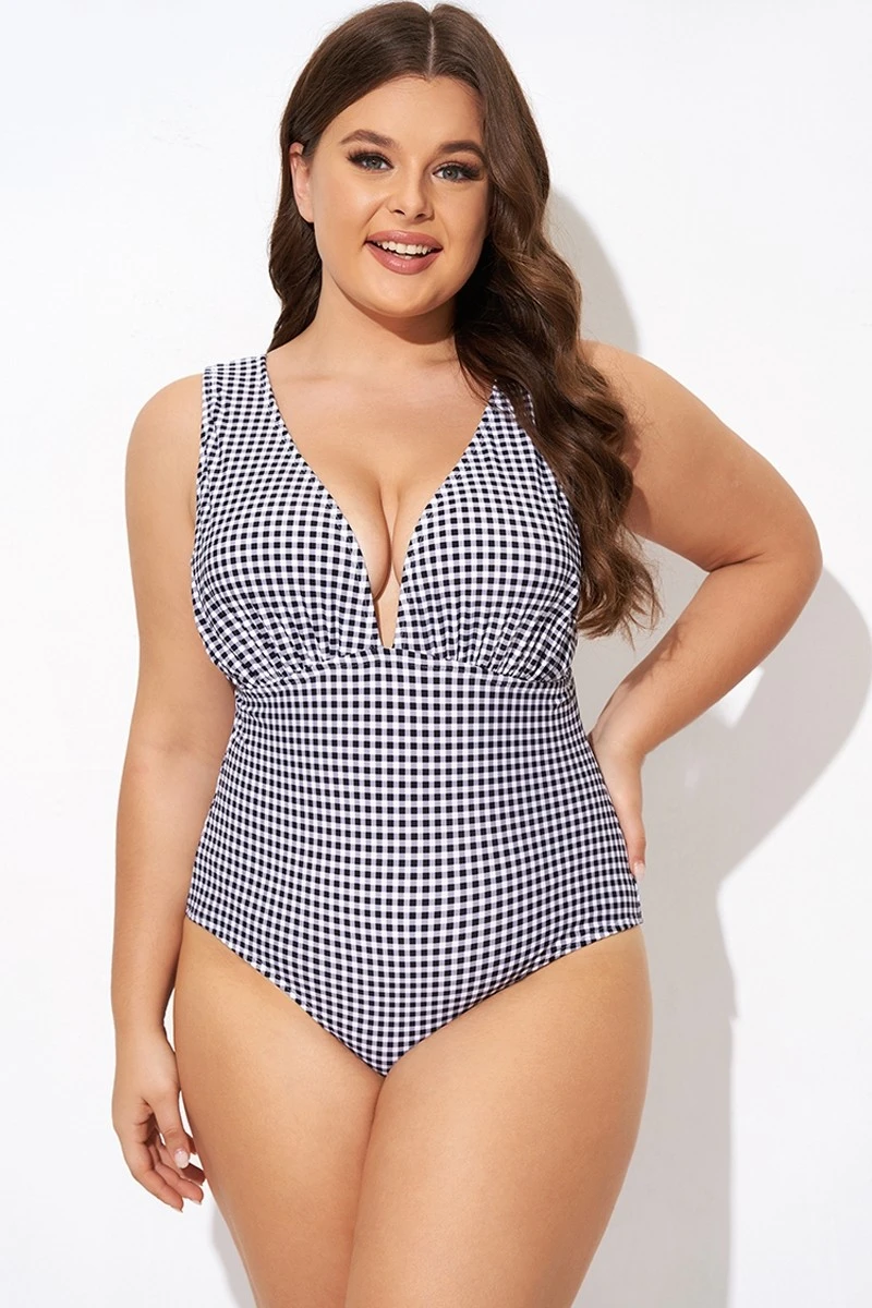 Gingham V-neck Low-cut Leg One Piece Swimsuit 5 Gingham V-neck Low-cut Leg One Piece Swimsuit - Image 5